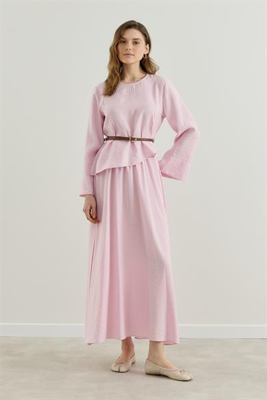 Asimetrik Bluzlu Kemerli Etek Takım Pembe