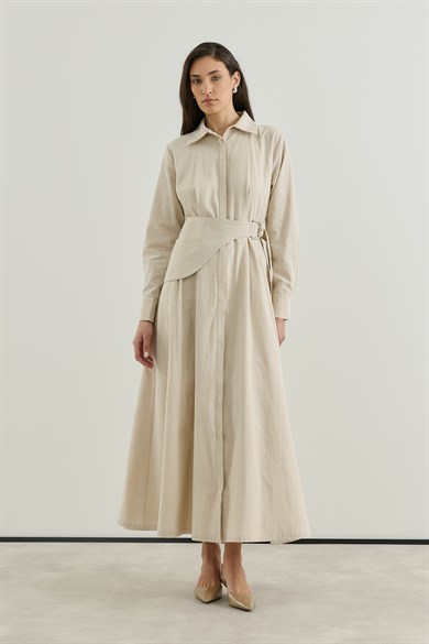 D tokalı Büyük Kemerli Keten Elbise Bej