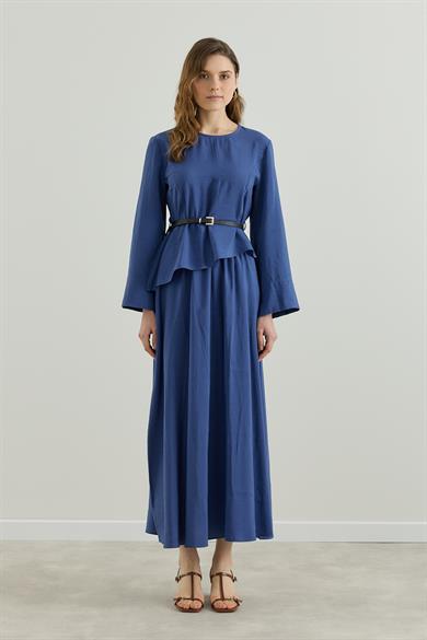 Asimetrik Bluzlu Kemerli Etek Takım İndigo