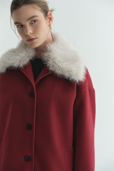 Kürk Yakalı Kaşe Bordo 