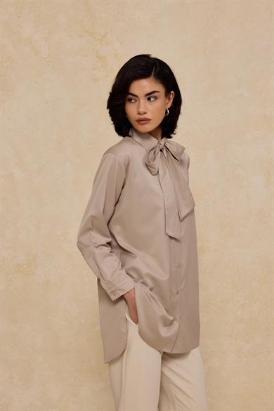 Boyun Bağlamalı Pamuk Saten Gömlek Gri