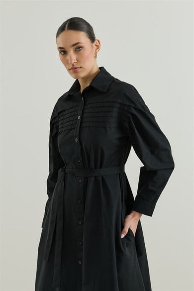 Nervür Detaylı Gömlek Elbise Siyah
