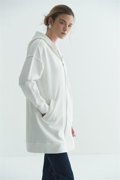 Üç İplik Kapüşonlu Fermuarlı Sweatshirt Ekru