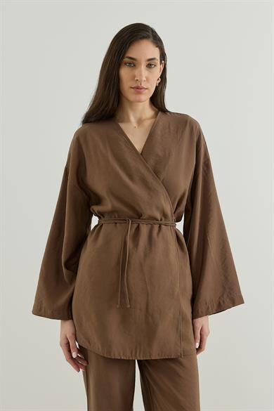 Anvelop Kapamalı Pantolonlu Kimono Takım Kahverengi