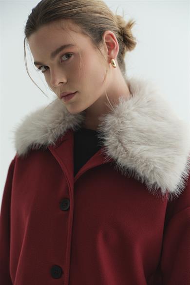 Kürk Yakalı Kaşe Bordo 