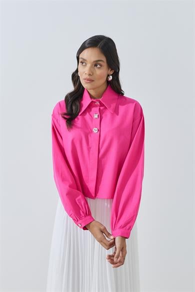 Düğme Detaylı Crop Gömlek Fuşya