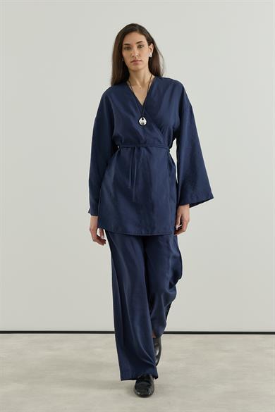 Anvelop Kapamalı Pantolonlu Kimono Takım Lacivert