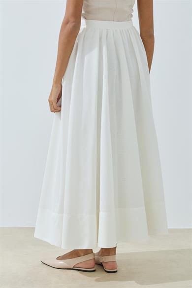 Büzgülü Geniş Katlamalı Astarlı Etek Beyaz