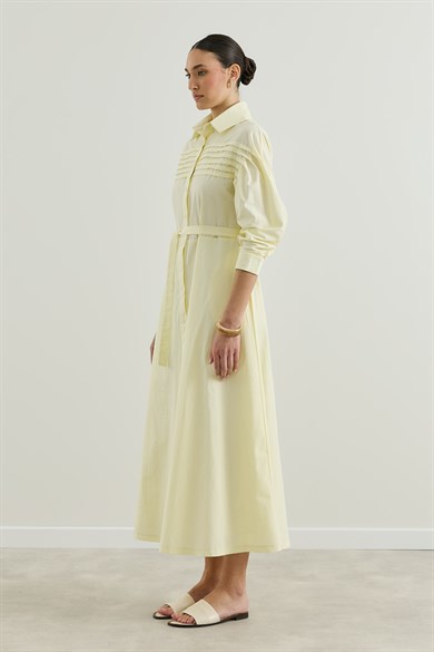 Nervür Detaylı Gömlek Elbise Sarı