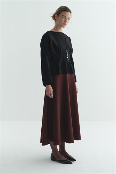 Pile Detaylı Bluz Siyah