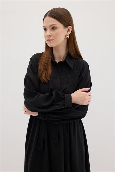 Nakışlı Modal Elbise Siyah