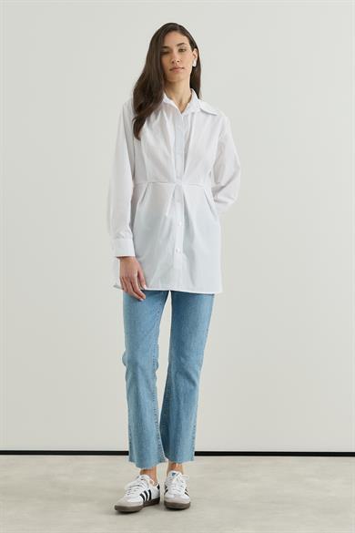 Belden Oturtmalı Pamuk Poplin Gömlek  Ekru