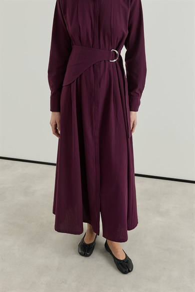 D tokalı Büyük Kemerli Keten Elbise Bordo