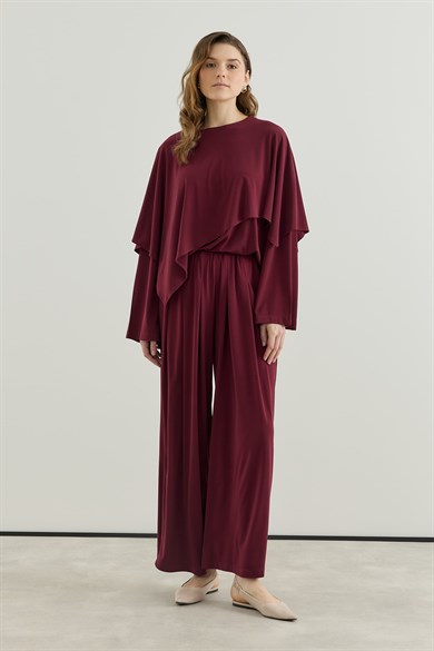 Asimetrik Kesim Tunik Pantolon Sandy Takım Bordo