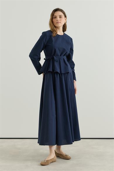 Bluzu Volanlı Etekli Keten Takım Lacivert