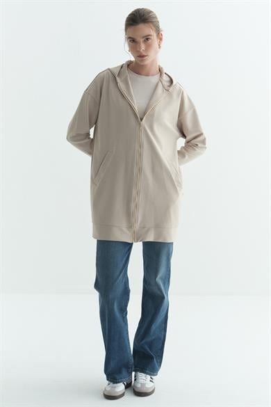 Kapüşonlu Fermuarlı Sweatshirt Taş