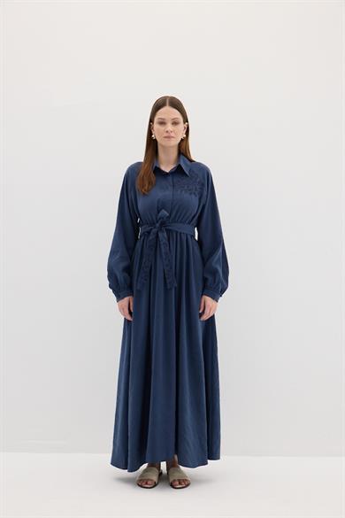 Nakışlı Modal Elbise Lacivert