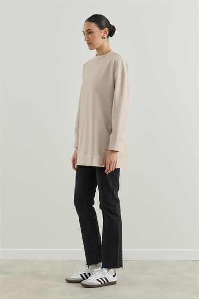 Üç İplik Kapüşonlu Fermuarlı Sweatshirt Taş