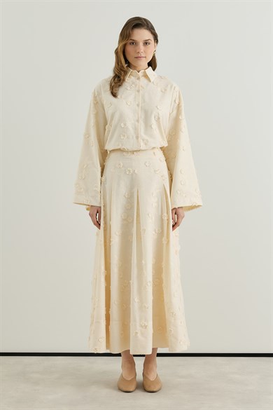 Viona Nakışlı Gömlek Etek Vual Takım Krem