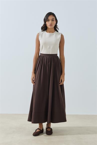 Büzgülü Geniş Katlamalı Astarlı Etek Kahve