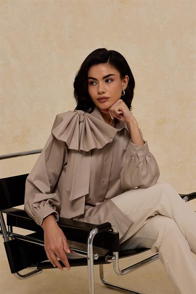 Fiyonklu Pamuk Saten Gömlek Gri