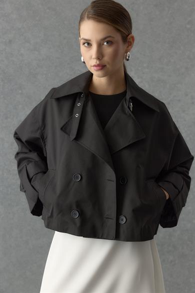 Yakası Kemerli Kısa Trenç Siyah