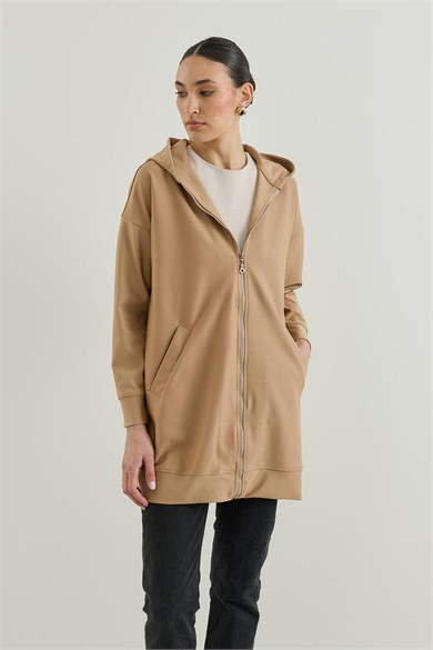 Outlet Kapüşonlu Fermuarlı Sweatshirt Camel