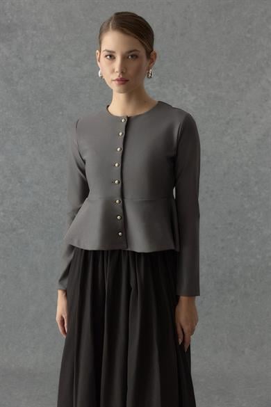 Çelik interlok Sık Düğmeli Volanlı Hırka Füme