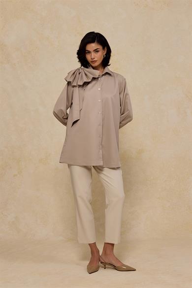 Fiyonklu Pamuk Saten Gömlek Gri