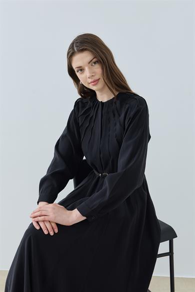 Godeli Nervürlü Elbise Siyah