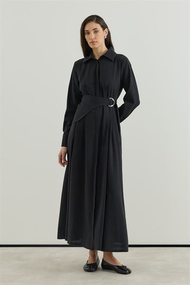 D tokalı Büyük Kemerli Keten Elbise Siyah