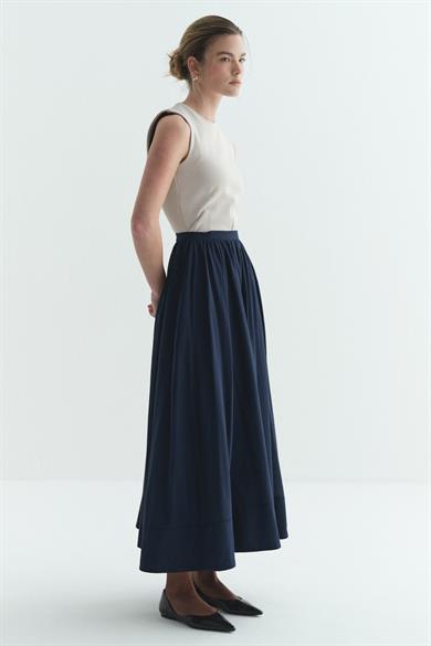 Büzgülü Geniş Katlamalı Astarlı Etek Lacivert