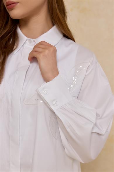 Aplikeli Pamuk Poplin Kadın Gömlek Beyaz