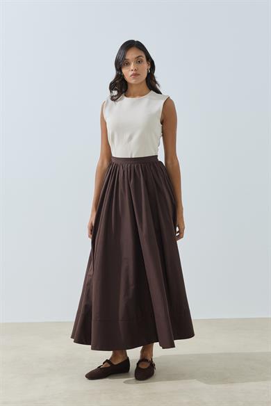 Büzgülü Geniş Katlamalı Astarlı Etek Kahve