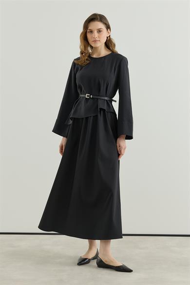 Asimetrik Bluzlu Kemerli Etek Takım Siyah 