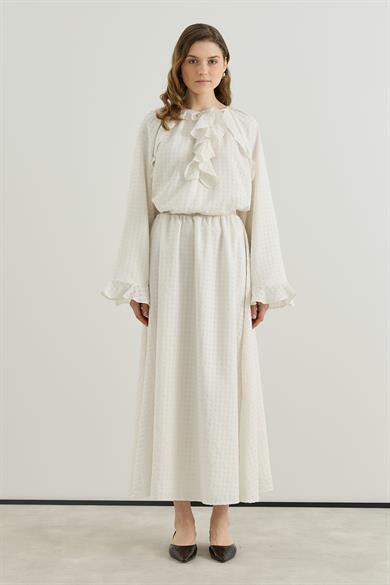---------- Volan Detaylı Bluz Etek Gofre Astarlı Takım Ekru