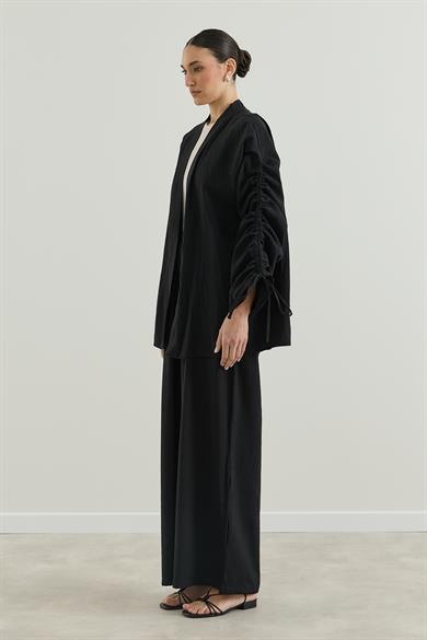 Outlet Kolu Büzgülü Modal Kimono Siyah