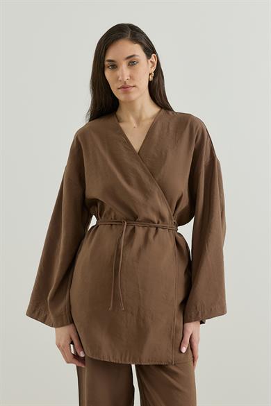 Anvelop Kapamalı Pantolonlu Kimono Takım Kahverengi