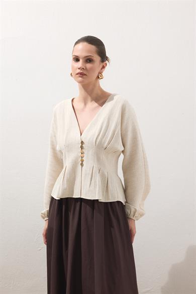 Pile Detaylı Keten Bluz