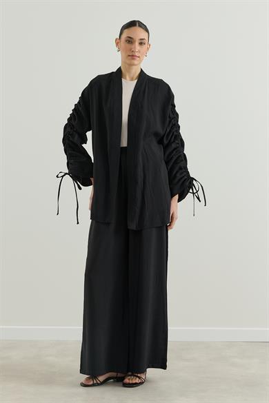 Outlet Kolu Büzgülü Modal Kimono Siyah