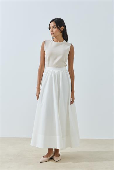 Büzgülü Geniş Katlamalı Astarlı Etek Beyaz