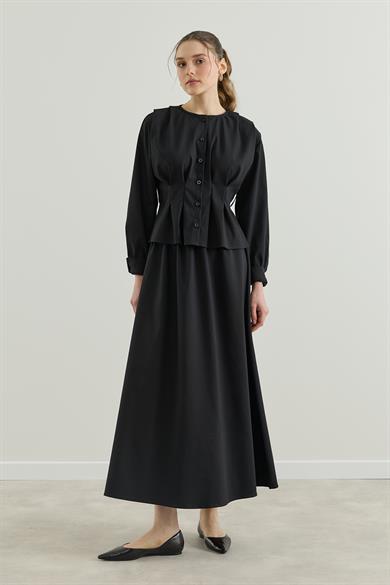 Pileli Kemerli Gömlek Etek Takım Siyah