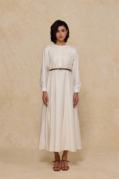 Godeli Nervürlü Elbise Beyaz