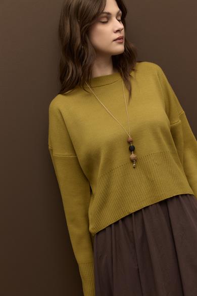 Ribana Geçişli Cropped Triko Kazak Zeytin Yeşili