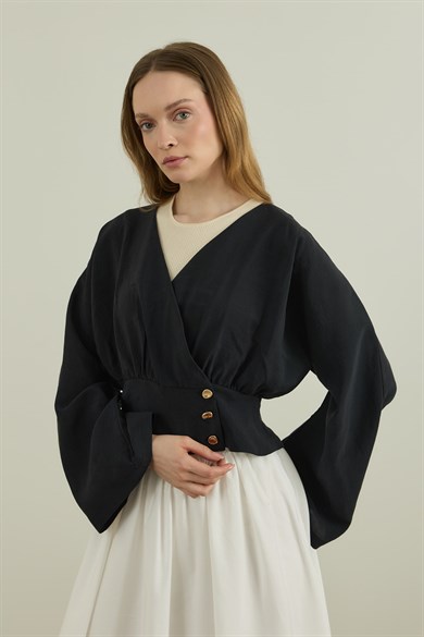 Düğme Detaylı Modal Kimono Bluz Siyah