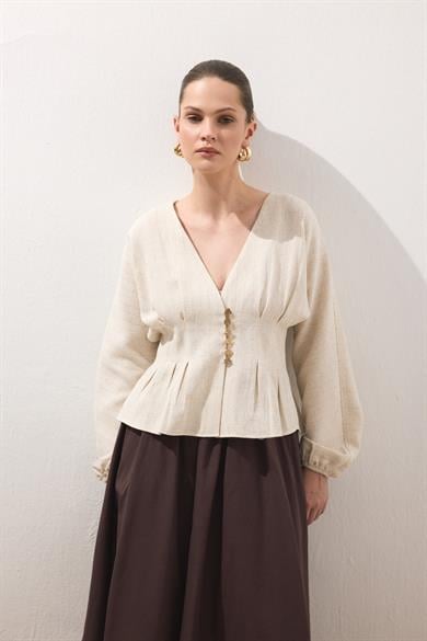 Pile Detaylı Keten Bluz
