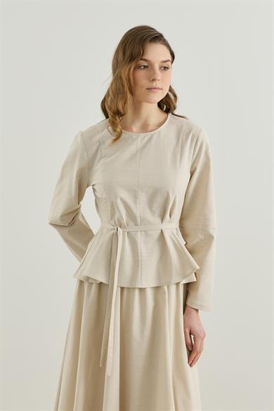 Bluzu Volanlı Etekli Keten Takım Bej 