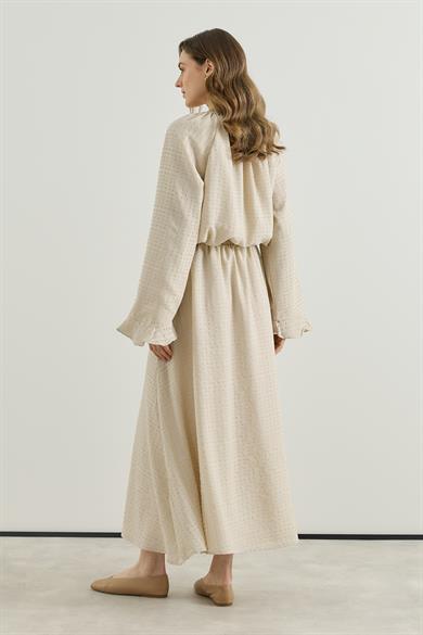 Volan Detaylı Bluz Etek Gofre Astarlı Takım Bej