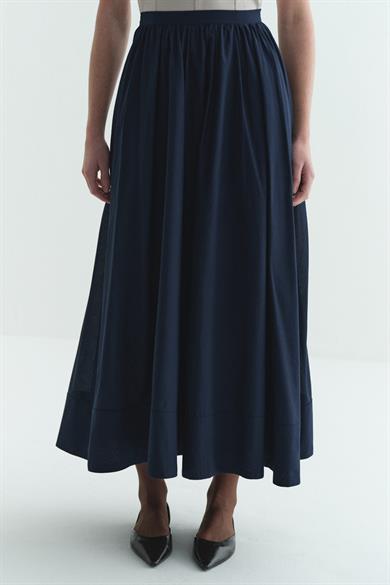 Büzgülü Geniş Katlamalı Astarlı Etek Lacivert
