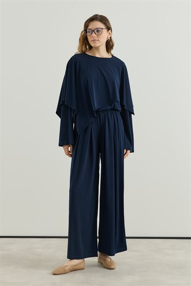 Asimetrik Kesim Tunik Pantolon Sandy Takım Lacivert